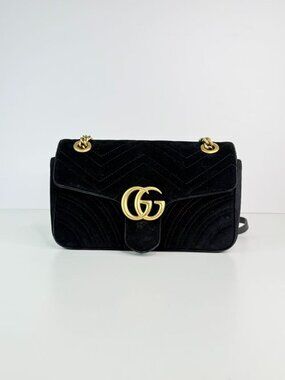 Gucci GG Marmont Small Black Velvet Matelassé Shoulder Crossbody Chain Bag